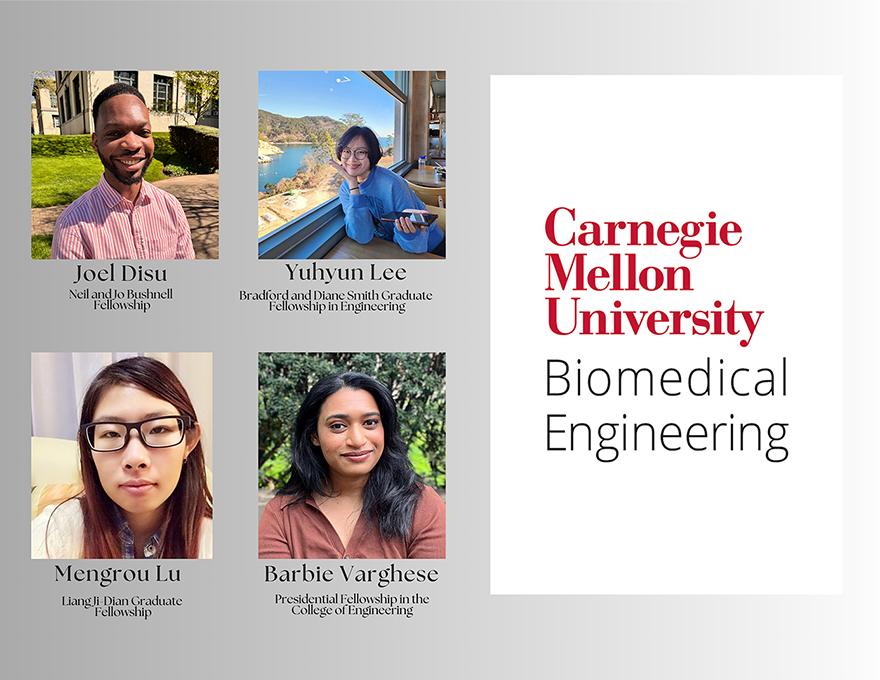 Four people are shown in images on the left: clockwise from the top left, there is a man in a pink shirt, a woman in a blue shirt, a woman in a brown shirt, and a woman in a white sweater. On the right is a logo for C.M.U. biomedical engineering.