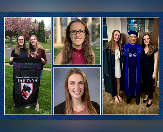 A collage of images. On the left, two young women on a lawn hold a banner with a CMU logo on it. In the upper middle, a woman in a maroon shirt stands for a portrait. In the lower middle, a woman wearing a black shirt stands for a portrait. On the right, a woman in a white shirt and green robe stands to the left of a man with blue doctoral robes on. A woman wearing black stands to the right.